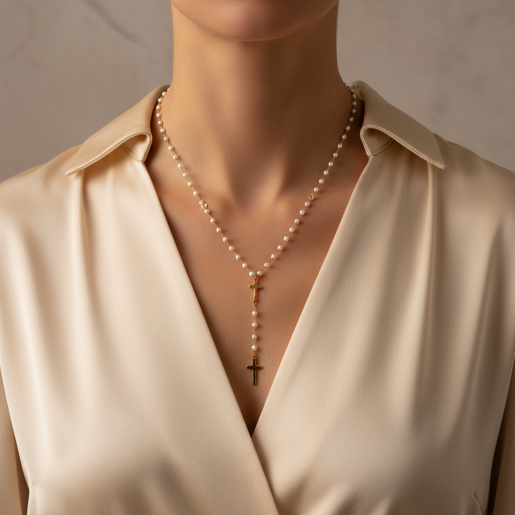 Ατσάλινο κολιέ Cross & Pearls με σταυρούς και πέρλες 2 mm, Y σχήμα 42 + 7,5 εκ. – So Cute by Dimi