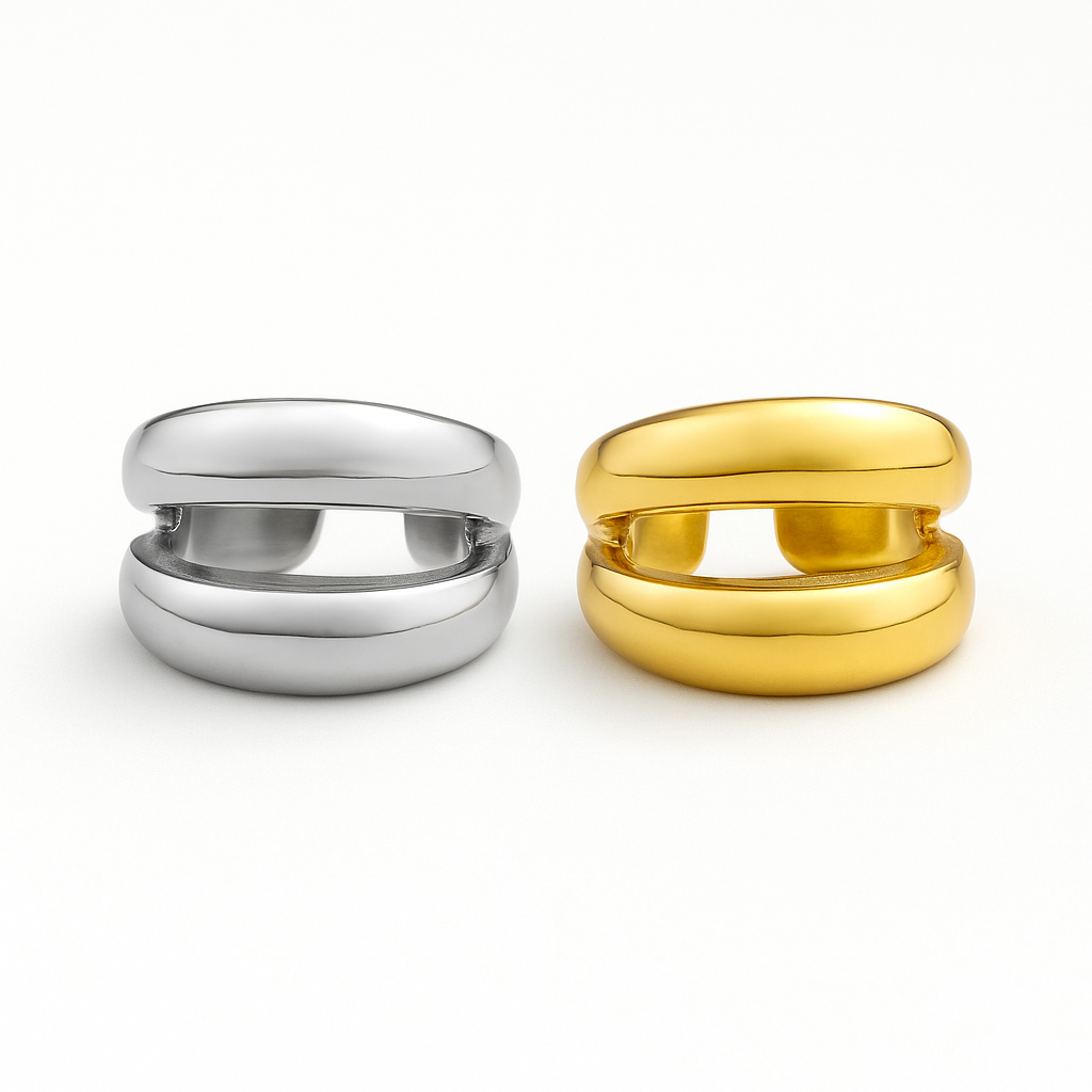 Ατσάλινο δαχτυλίδι χονδρικής με διπλή μπάρα σε χρυσό & ασημί – So Cute by Dimi Wholesale