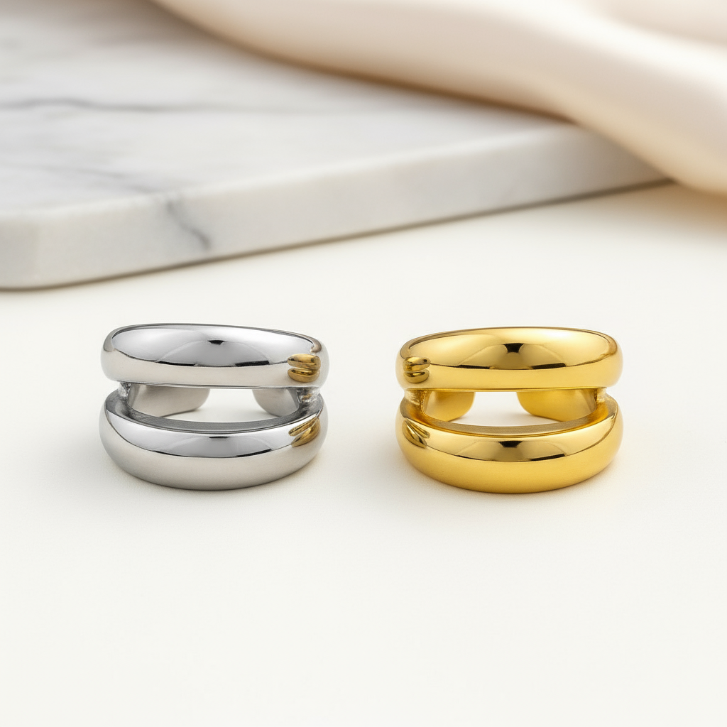 Ατσάλινο δαχτυλίδι χονδρικής με διπλή μπάρα σε χρυσό & ασημί – So Cute by Dimi Wholesale