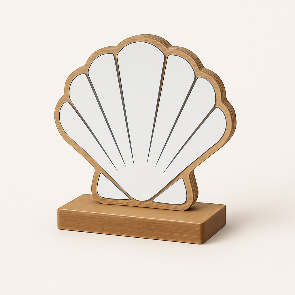 Επιτραπέζιο διακοσμητικό καθρεφτάκι σε σχήμα κοχυλιού από ξύλο και plexiglass σε χρυσό και ασημί.