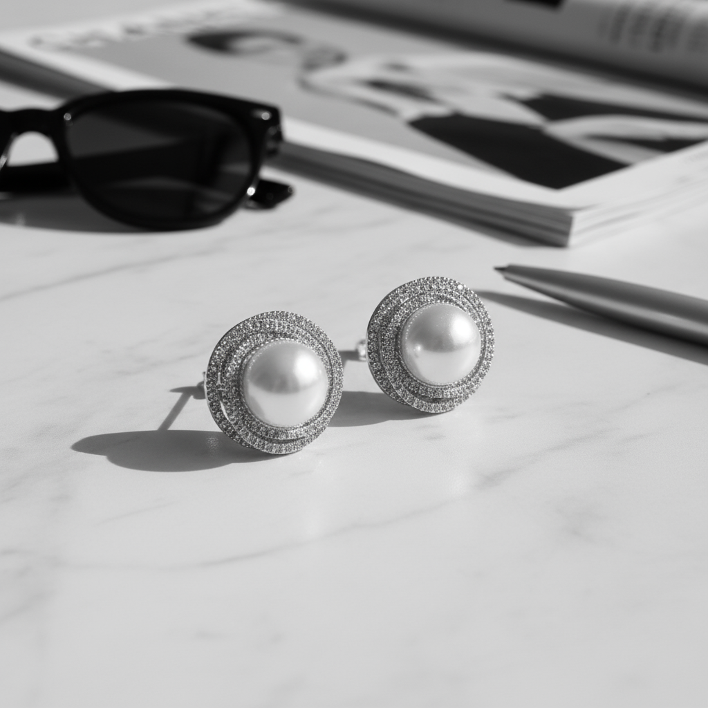 Ατσάλινα σκουλαρίκια με πέρλα και στρας σε χρυσό & ασημί, Halo Glow So Cute by Dimi – χονδρική So Cute Wholesale.