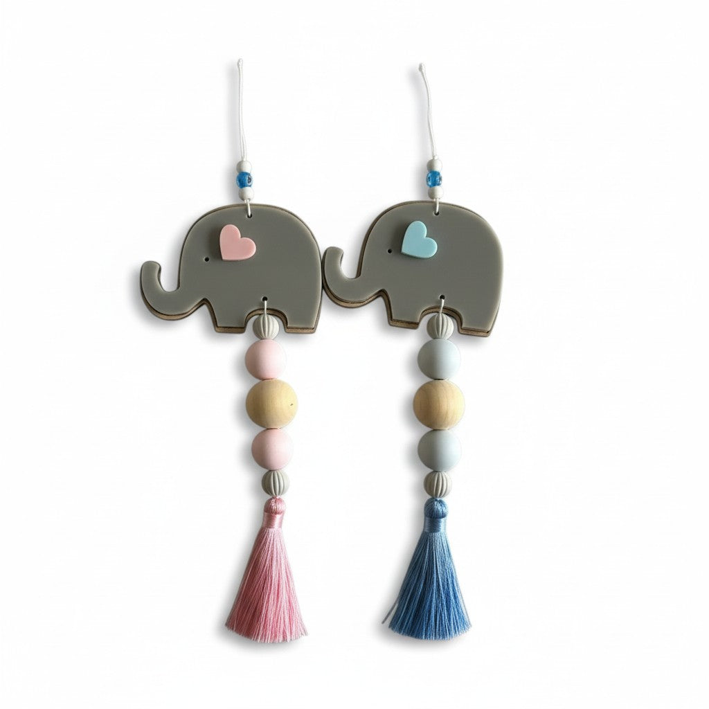 Handmade baby elephant charm for wholesale – wooden beads, pastel heart, tassel – So Cute by Dimi.