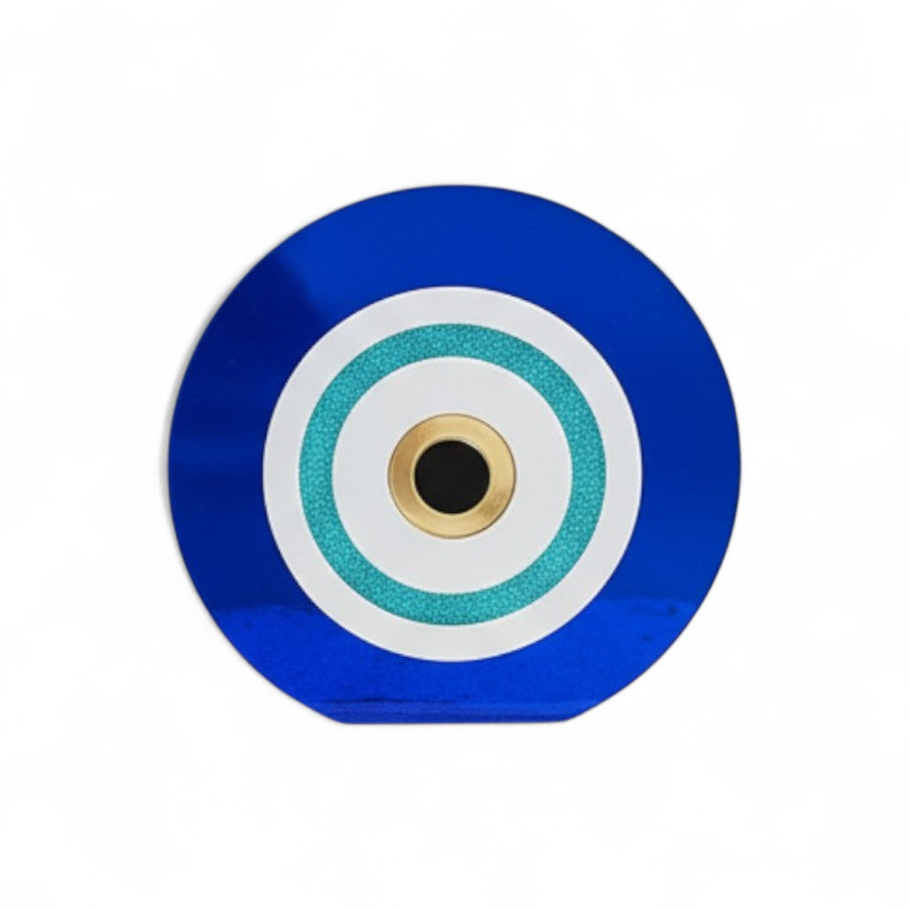 Επιτραπέζιο γούρι μάτι από μπλε και λευκό plexiglass με τιρκουάζ glitter λεπτομέρεια και χρυσό κέντρο σε λευκό φόντο