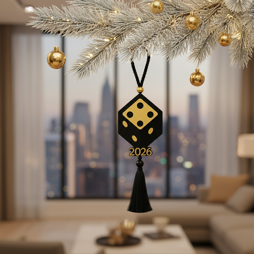 Plexiglass γούρι ζάρι Symbolic Luxe 2026 μαύρο ή λευκό με φούντα — So Cute by Dimi Wholesale