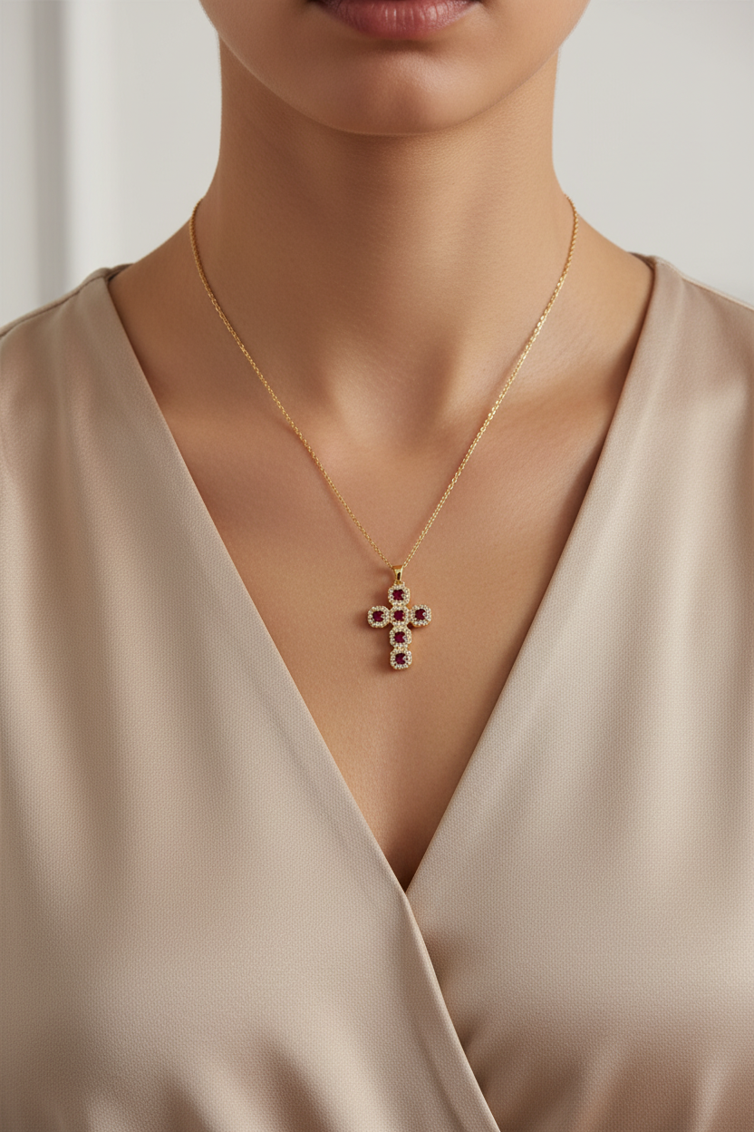 ⚡🚚Gemline Cross Necklace  Ατσάλινο Κολιέ Σταυρός με Χρωματιστά Ζιργκόν