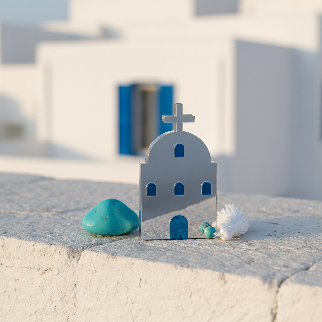 Μικρό επιτραπέζιο γούρι εκκλησάκι από πλεξιγκλάς με μπλε λεπτομέρειες και φούντα – So Cute by Dimi