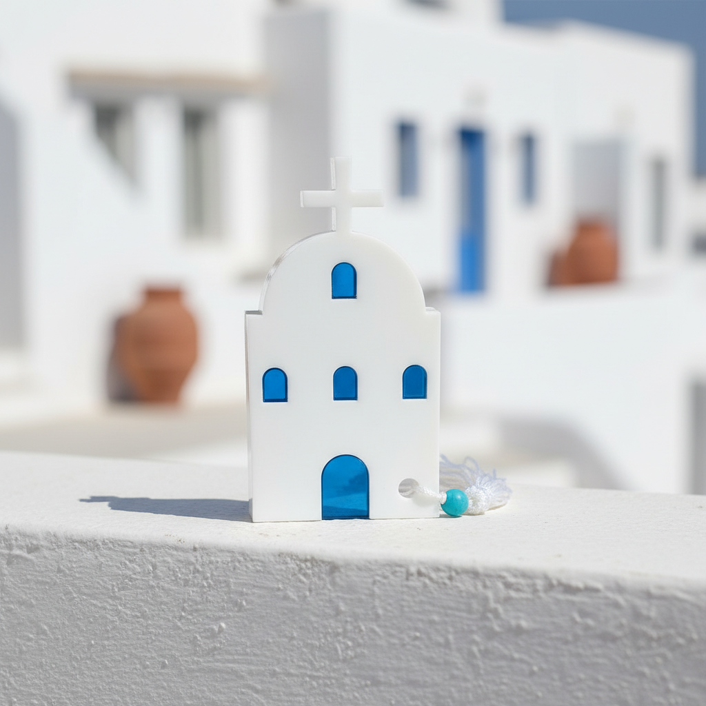 Μικρό επιτραπέζιο γούρι εκκλησάκι από πλεξιγκλάς με μπλε λεπτομέρειες και φούντα – So Cute by Dimi