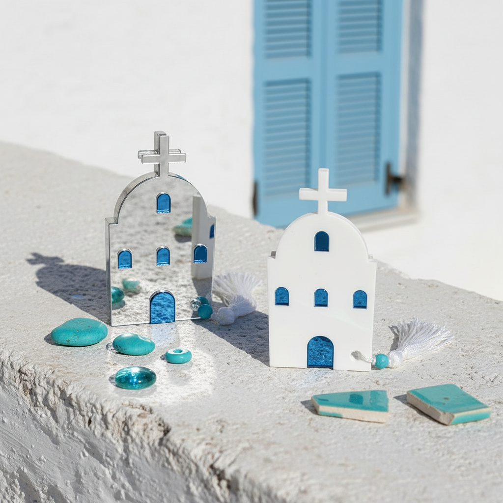 Μικρό επιτραπέζιο γούρι εκκλησάκι από πλεξιγκλάς με μπλε λεπτομέρειες και φούντα – So Cute by Dimi