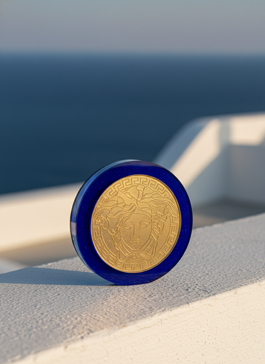 Στρογγυλό γούρι μέδουσα, μπλε καθρέφτης με χρυσή χάραξη, φωτογραφημένο σε λευκό κυκλαδίτικο επίπεδο με Αιγαίο στο βάθος