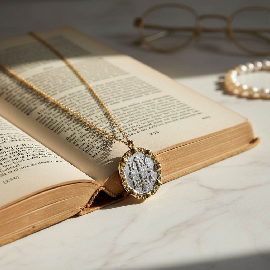 Ατσάλινο κολιέ χονδρικής So Cute by Dimi με δίχρωμο κωνσταντινάτο IC XC NI KA