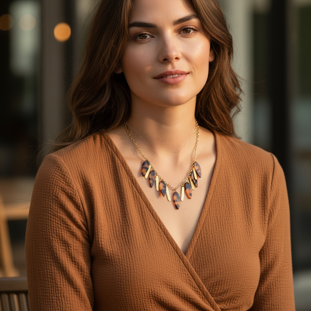 Ατσάλινο κολιέ με χρυσή αλυσίδα και καφέ & χρυσά κρεμαστά φύλλα – So Cute by Dimi