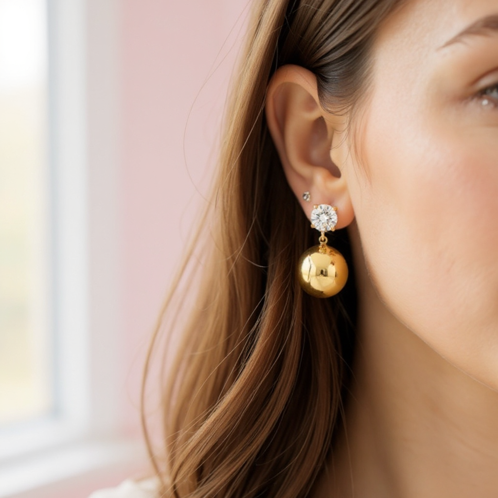 Ατσάλινα Σκουλαρίκια με Ζιργκόν & Στρογγυλή Μεταλλική Σφαίρα | So Cute By Dimi