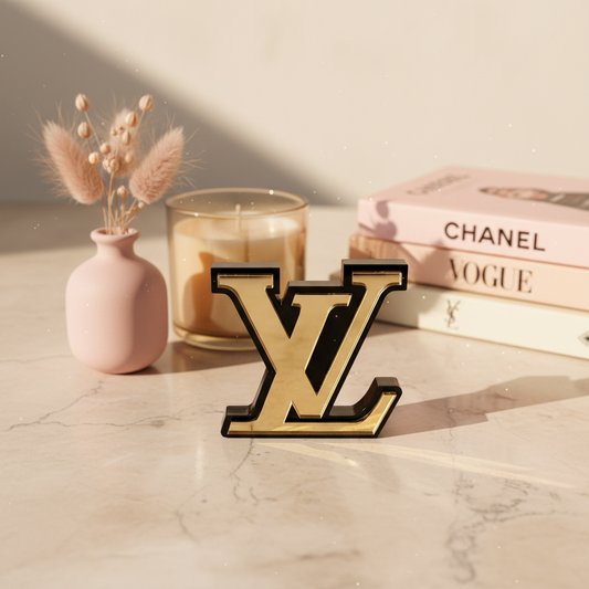 Χειροποίητο διακοσμητικό LV από χρυσό καθρέφτη επάνω σε marble επιφάνεια με girly-boho styling, βιβλία μόδας και ροζ βάζο.