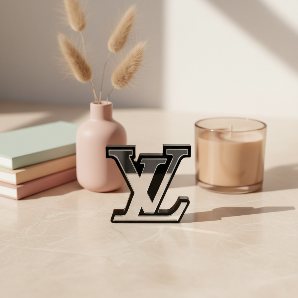 Χειροποίητο διακοσμητικό LV από χρυσό καθρέφτη επάνω σε marble επιφάνεια με girly-boho styling, βιβλία μόδας και ροζ βάζο.