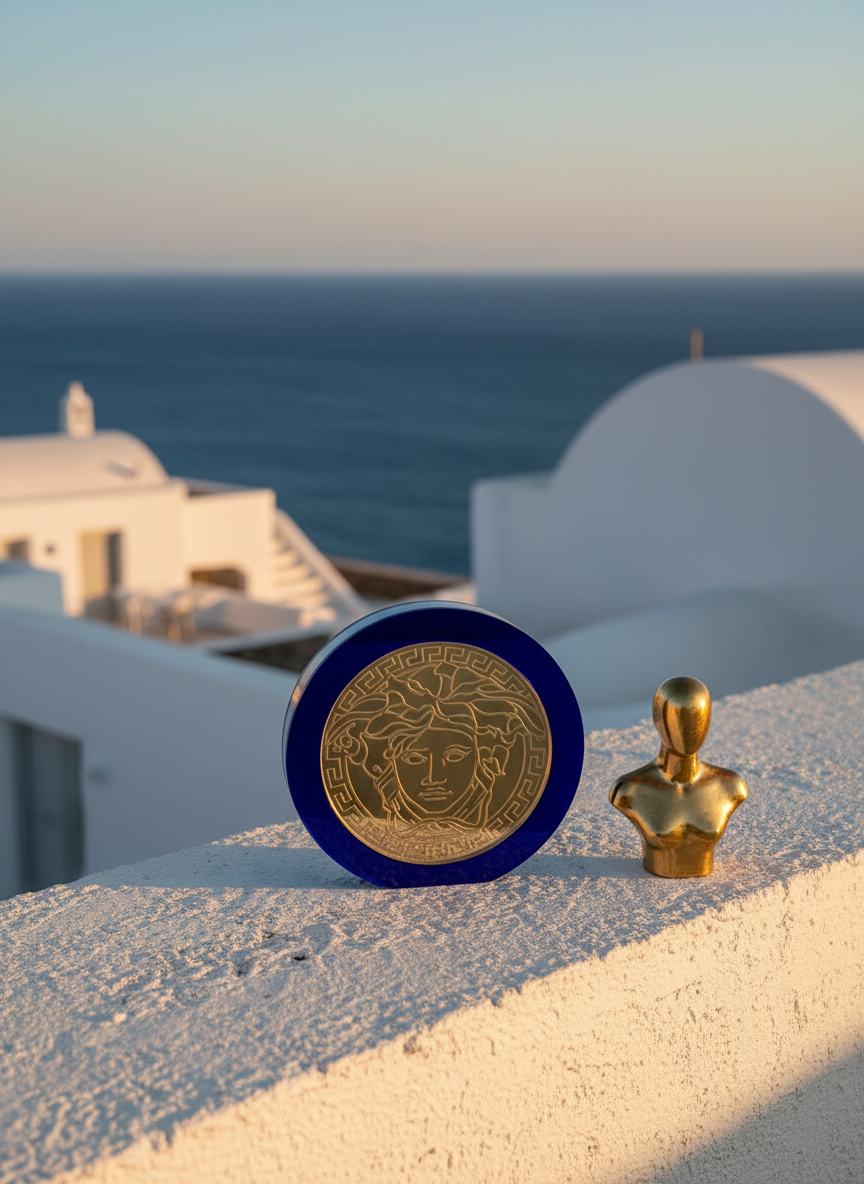 Γούρι μέδουσα από μπλε καθρέφτη και χρυσή χάραξη, σε λευκό κυκλαδίτικο τοίχο με καμπύλες αρχιτεκτονικές και μικρό χρυσό άγαλμα στο φόντο