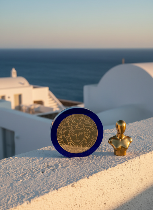 Γούρι μέδουσα από μπλε καθρέφτη και χρυσή χάραξη, σε λευκό κυκλαδίτικο τοίχο με καμπύλες αρχιτεκτονικές και μικρό χρυσό άγαλμα στο φόντο