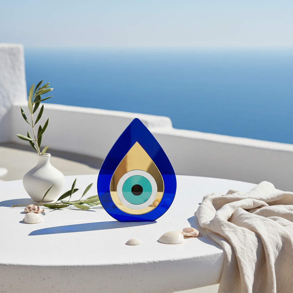 Teardrop evil eye decor Milos in blue and gold plexiglass on a Cycladic terrace with sea view.