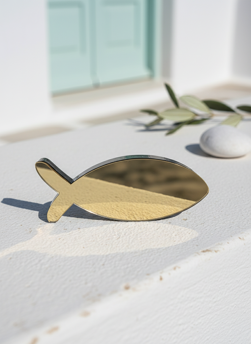 Μίνιμαλ επιτραπέζιο ψάρι plexiglass σε χρυσό καθρέφτη σε εξωτερικό Κυκλαδίτικο σκηνικό