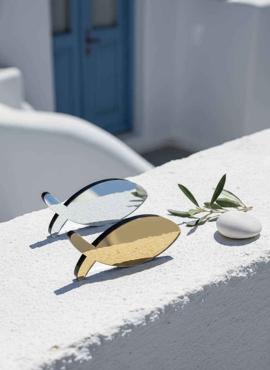 Επιτραπέζιο μίνιμαλ ψάρι plexiglass σε χρυσό και ασημί σε κυκλαδίτικο σκηνικό – So Cute by Dimi