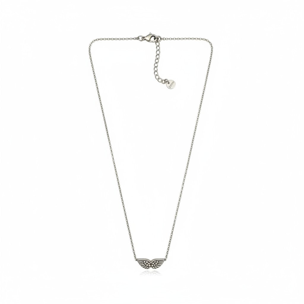 Delicate stainless steel necklace with small angel wing pendant in silver – So Cute by Dimi.
