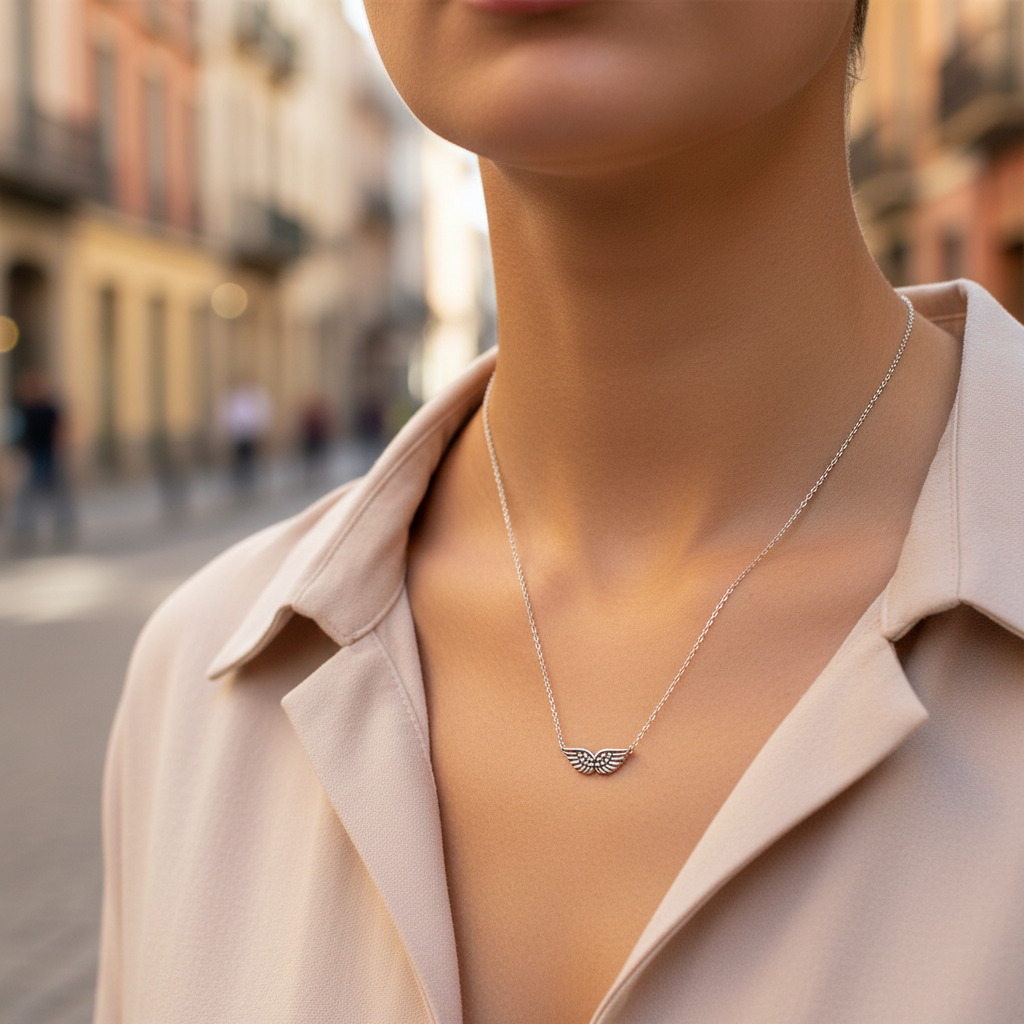 Delicate stainless steel necklace with small angel wing pendant in silver – So Cute by Dimi.