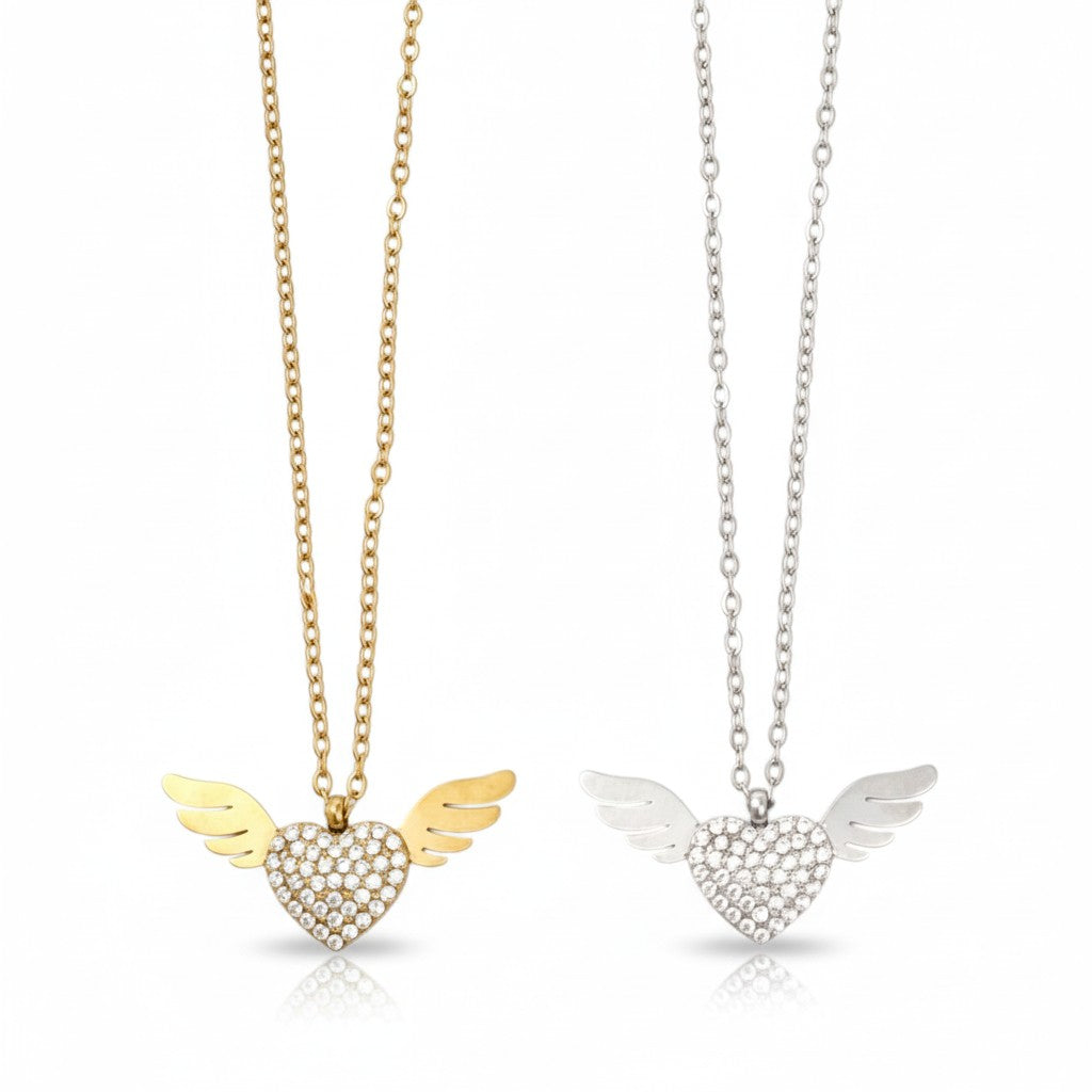 Stainless steel angel wing heart necklace with rhinestones in gold and silver – So Cute by Dimi.