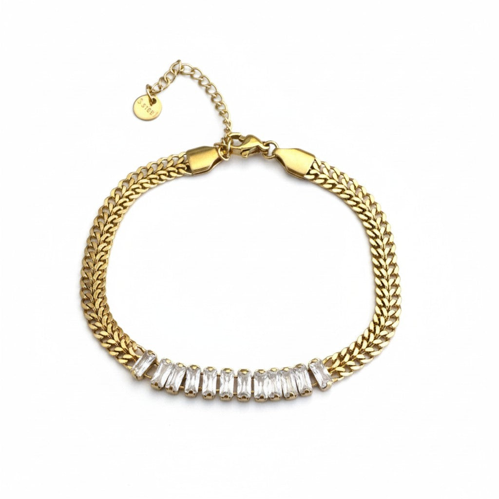 Stainless steel double-chain bracelet with baguette crystals in gold and silver – So Cute by Dimi.