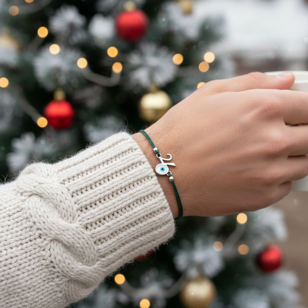 🤍✨Ανδρικό Βραχιόλι Γούρι 2026 με Μάτι & Χρωματιστό Κορδόνι – Silver Edition