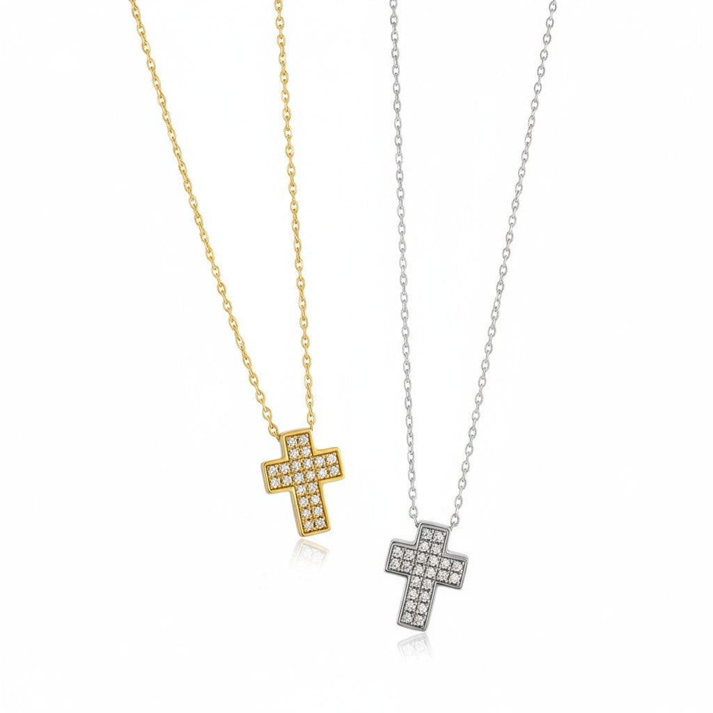 Luxe Pavé Cross Necklace – Ατσάλινο Κολιέ Σταυρός με Ζιργκόν | So Cute by Dimi Χονδρική