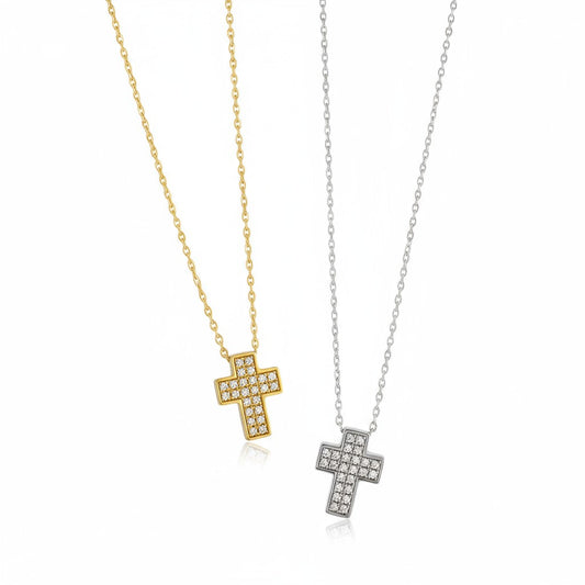 Luxe Pavé Cross Necklace – Ατσάλινο Κολιέ Σταυρός με Ζιργκόν | So Cute by Dimi Χονδρική