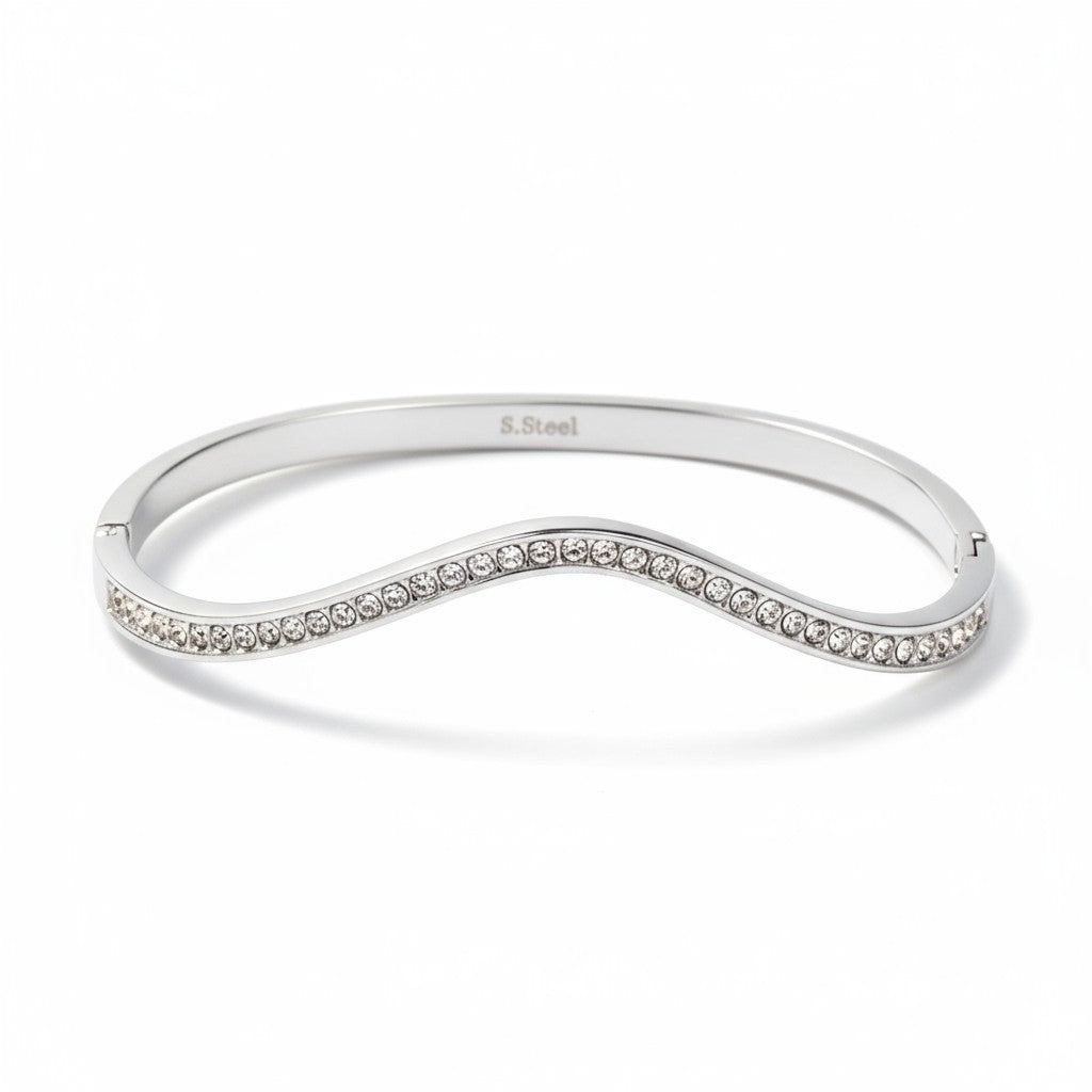 Ατσάλινο βραχιόλι με ζιργκόν σε κυματιστό σχέδιο – Crystal Wave Bangle