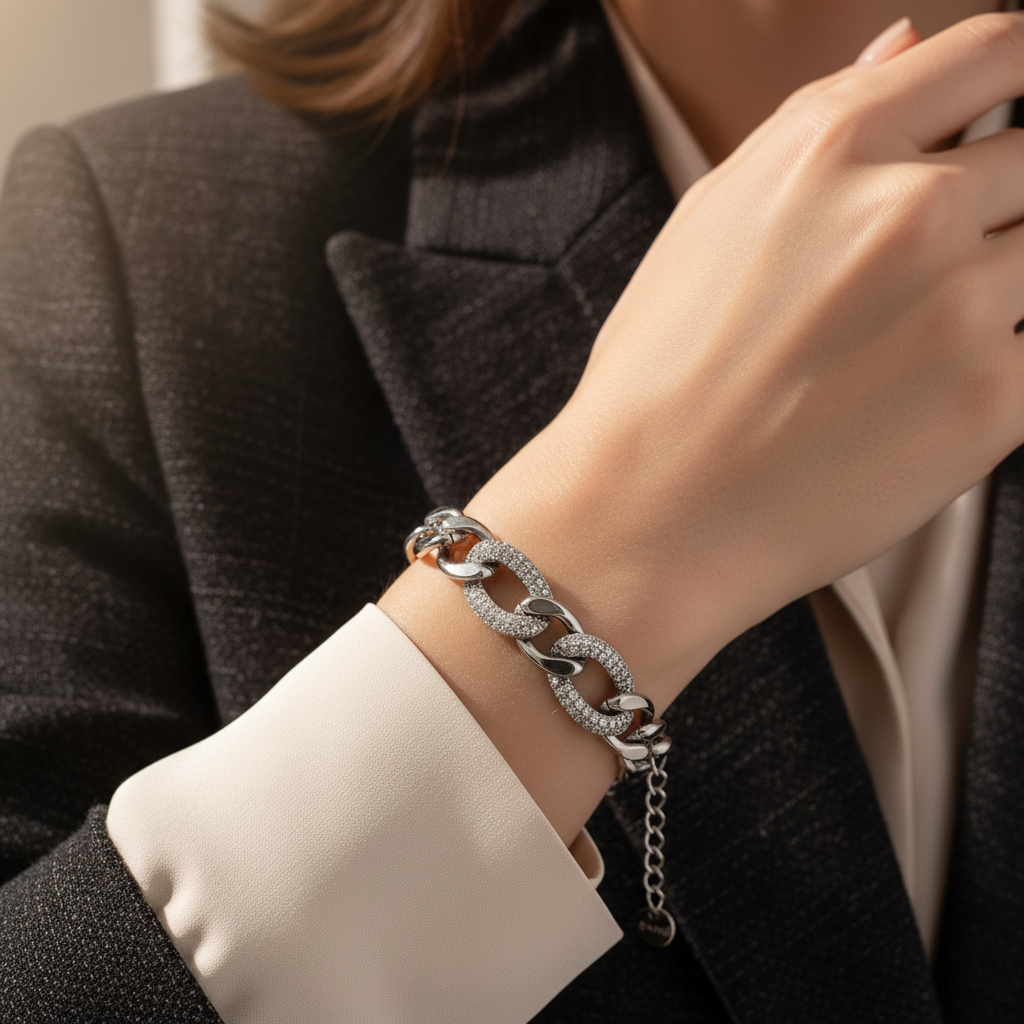 ⚡🚚Βραχιόλι “Bold Shine Chain” – Ατσάλι με στρας