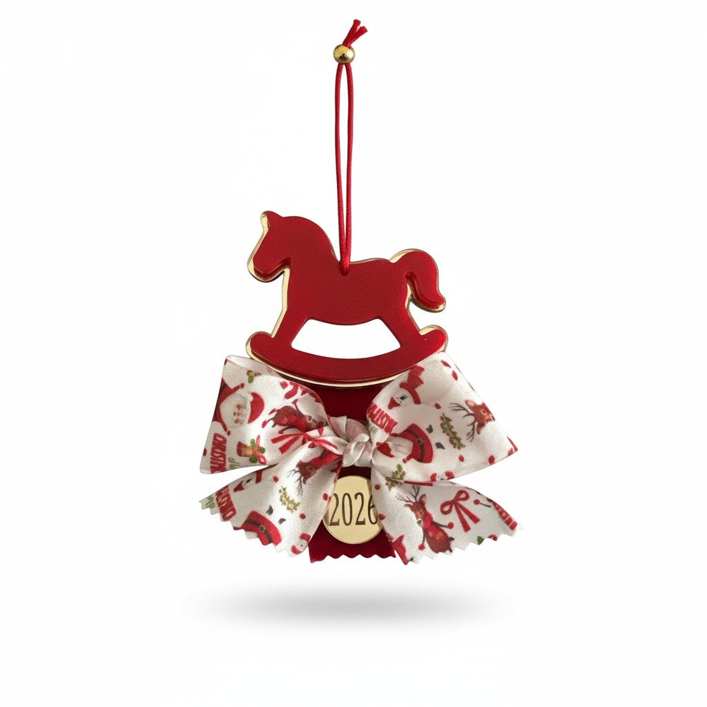 Χειροποίητο γούρι αλογάκι σε κόκκινο και χρυσό plexiglass με festive φιόγκο και charm 26, χονδρική So Cute by Dimi