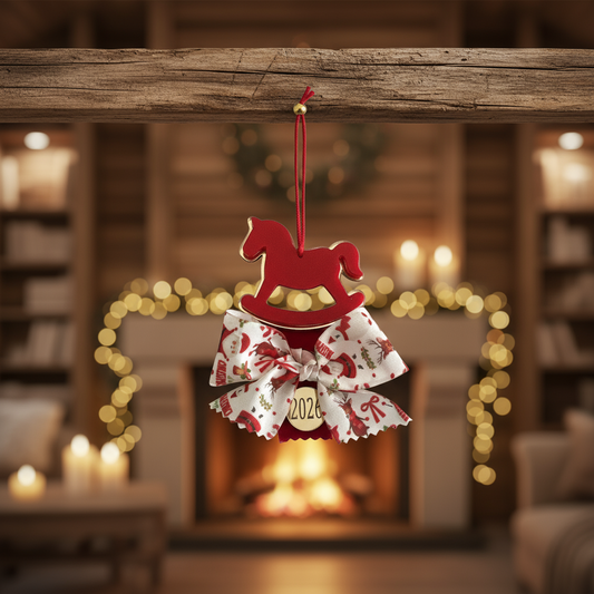 Χειροποίητο γούρι αλογάκι σε κόκκινο και χρυσό plexiglass με festive φιόγκο και charm 26, χονδρική So Cute by Dimi