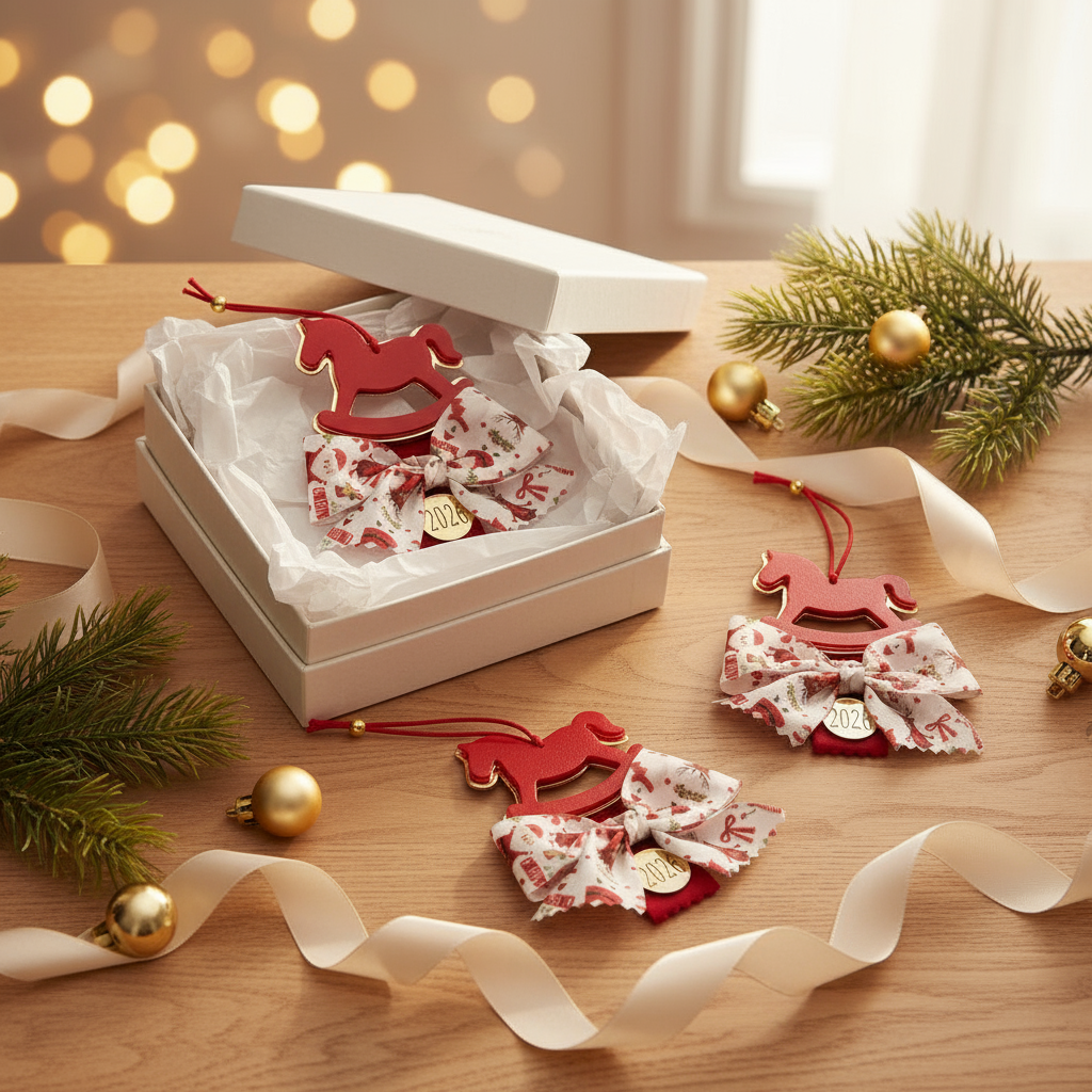 Χειροποίητο γούρι αλογάκι σε κόκκινο και χρυσό plexiglass με festive φιόγκο και charm 26, χονδρική So Cute by Dimi