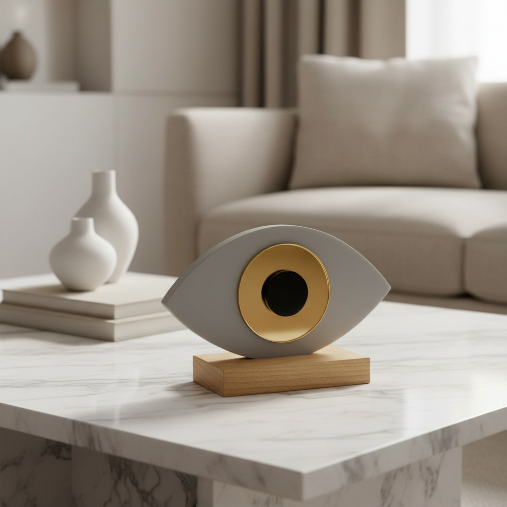 Οβάλ χειροποίητο γούρι plexiglass με μάτι και ξύλινη βάση – So Cute by Dimi