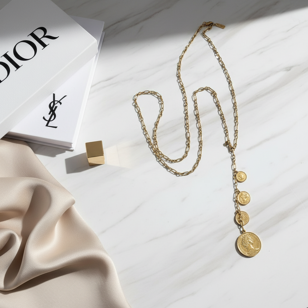 Aelia Coins Y-Chain – Μακρύ ατσάλινο κολιέ με Υ-shape και κρεμαστές λίρες για χονδρική.