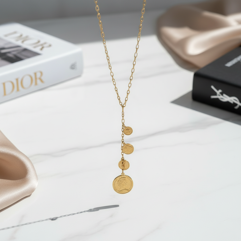 Aelia Coins Y-Chain – Μακρύ ατσάλινο κολιέ με Υ-shape και κρεμαστές λίρες για χονδρική.