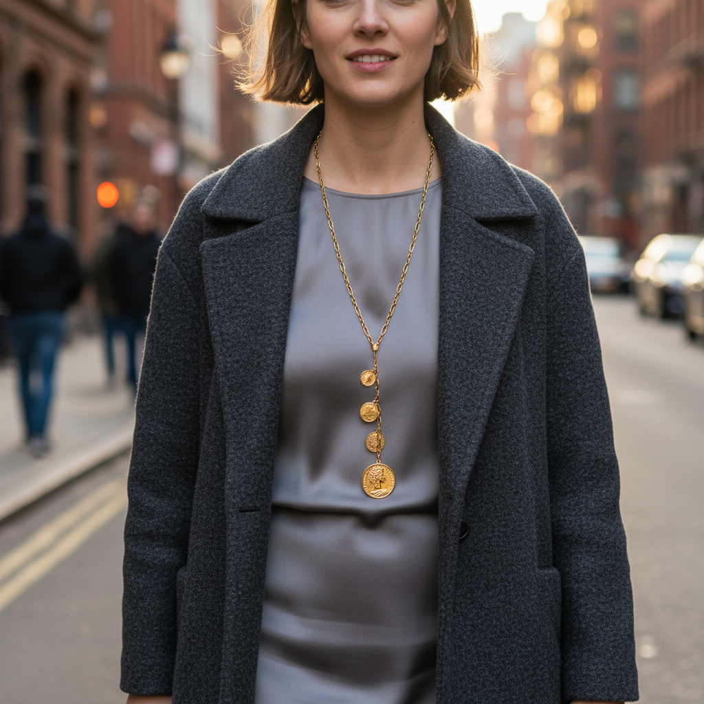 Aelia Coins Y-Chain – Μακρύ ατσάλινο κολιέ με Υ-shape και κρεμαστές λίρες για χονδρική.