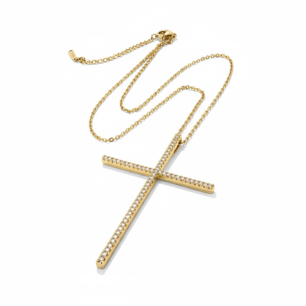 Ατσάλινο κολιέ με σταυρό 5,5×4 εκ και λευκά ζιργκόν So Cute by Dimi