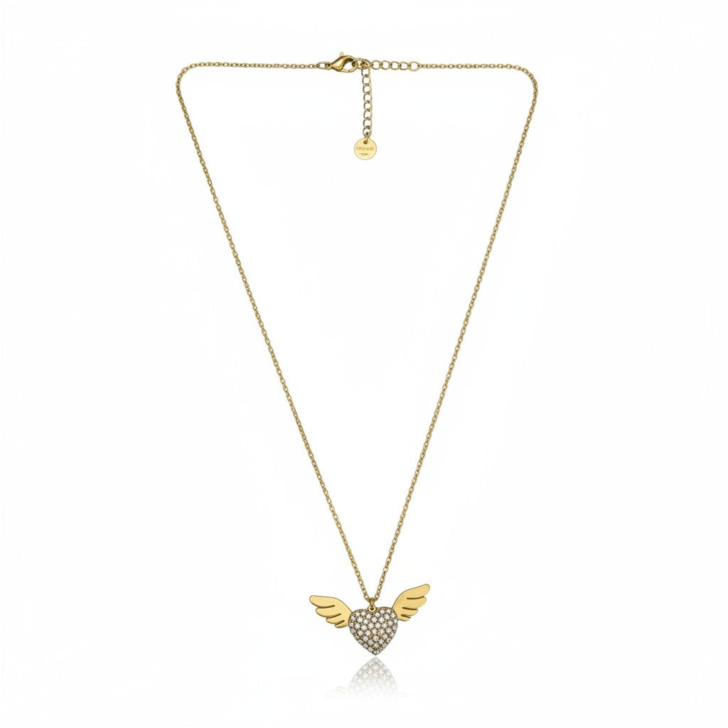 Stainless steel angel wing heart necklace with rhinestones in gold  – So Cute by Dimi.
