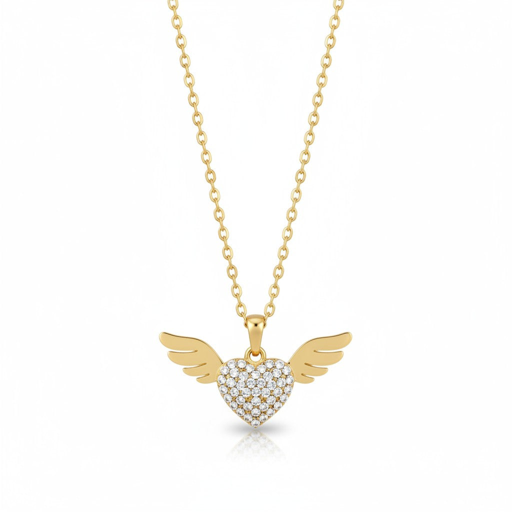 Stainless steel angel wing heart necklace with rhinestones in gold  – So Cute by Dimi.