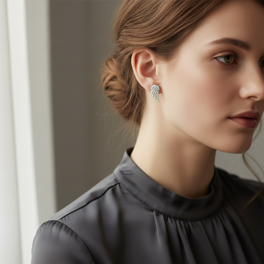 Crystal Angel Studs – Ατσάλινα Σκουλαρίκια με Φτερό Αγγέλου & Ζιργκόν | So Cute by Dimi Χονδρική