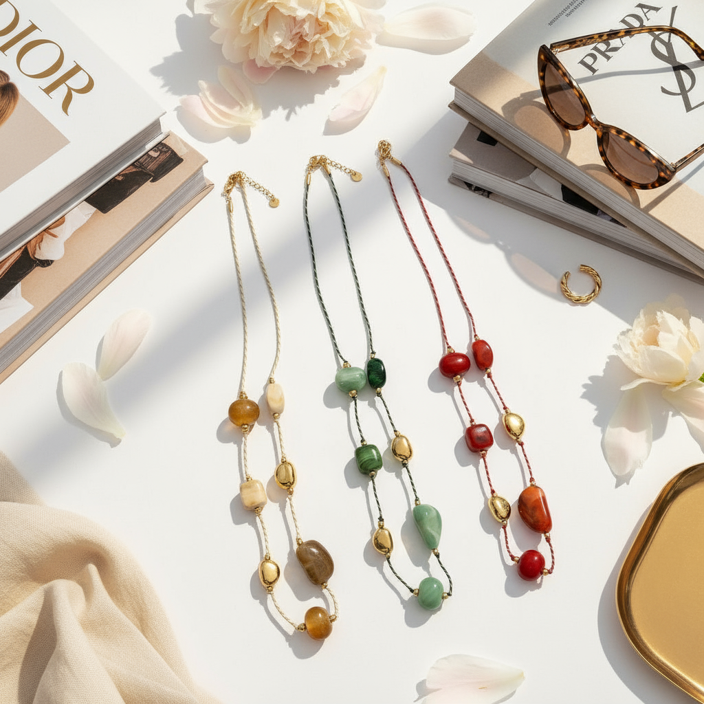 Μακρύ κολιέ με κορδόνι, χάντρες πέτρας και ατσάλινα μεταλλικά στοιχεία – So Cute by Dimi Χονδρική