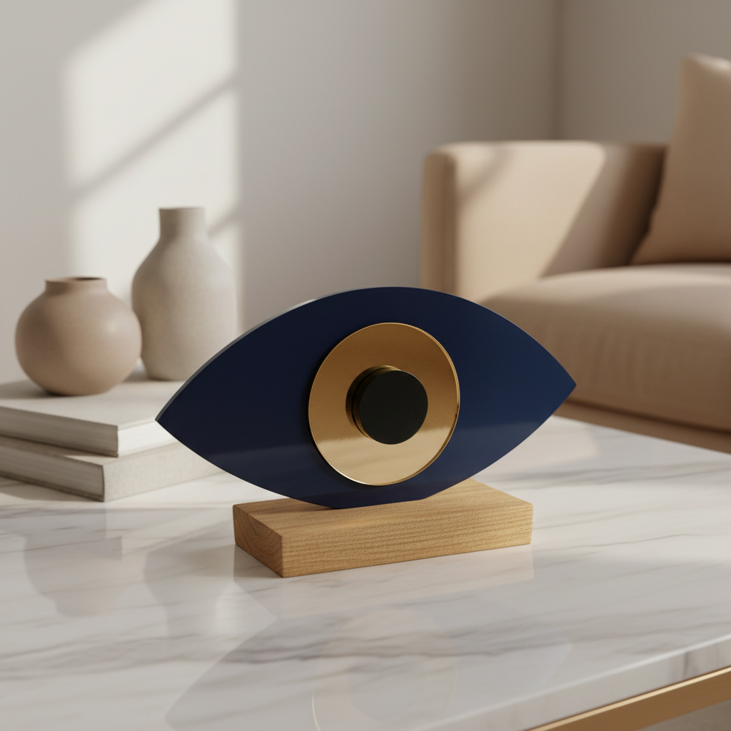 Οβάλ χειροποίητο γούρι plexiglass με μάτι και ξύλινη βάση – So Cute by Dimi