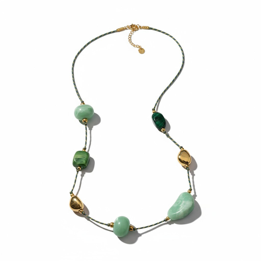 Μακρύ κολιέ με κορδόνι, χάντρες πέτρας και ατσάλινα μεταλλικά στοιχεία – So Cute by Dimi Χονδρική