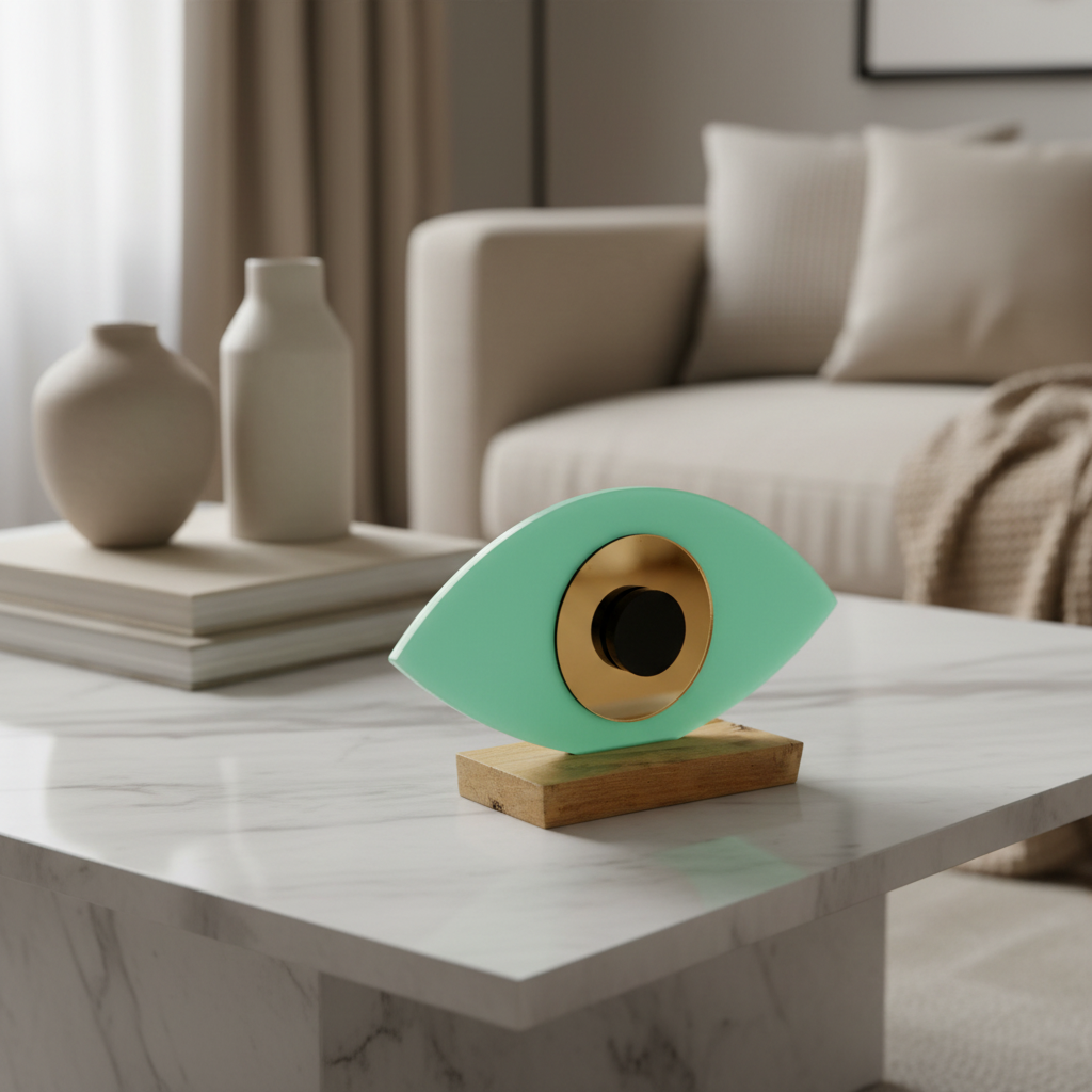 Οβάλ χειροποίητο γούρι plexiglass με μάτι και ξύλινη βάση – So Cute by Dimi