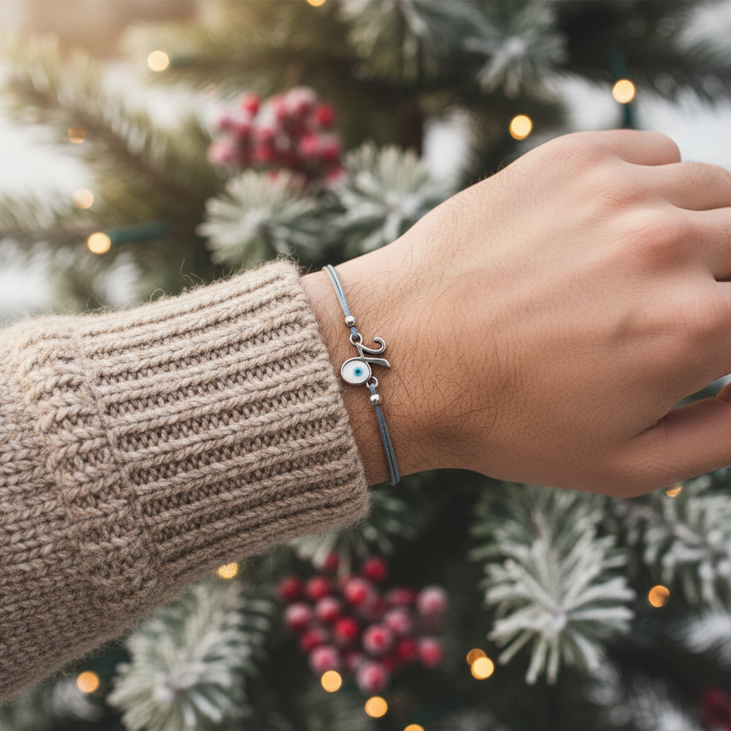 🤍✨Ανδρικό Βραχιόλι Γούρι 2026 με Μάτι & Χρωματιστό Κορδόνι – Silver Edition