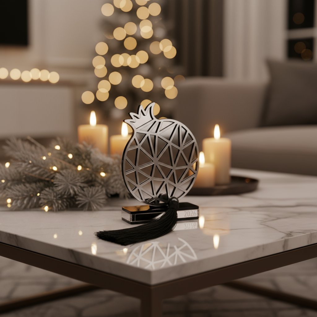 Plexiglass γούρι Ρόδι Symbolic Luxe 2026 σε χρυσό ή ασημί καθρέφτη με μαύρη βάση και φούντα — So Cute by Dimi Wholesale