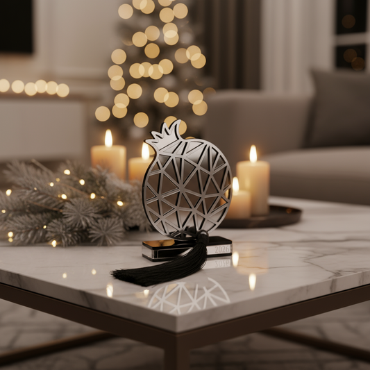 Plexiglass γούρι Ρόδι Symbolic Luxe 2026 σε χρυσό ή ασημί καθρέφτη με μαύρη βάση και φούντα — So Cute by Dimi Wholesale